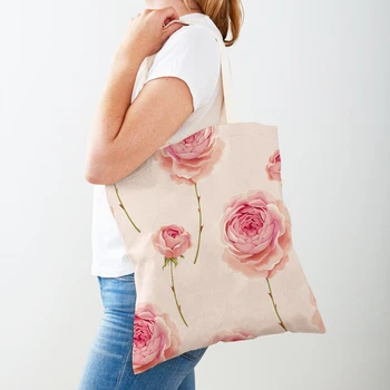 Cartoon Floral Pássaro Sacos de Compras para as Mulheres de Ambos os Lados Reutilizáveis Shopper Bag Moda Rosa Flor de Impressão Casual Bolsa Tote da Lona