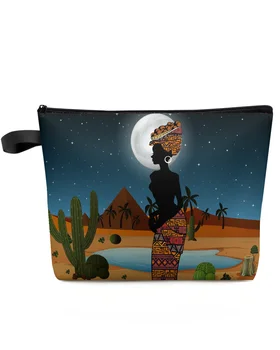 Mulher Africana Deserto De Cactos Noite De Grande Capacidade Viagem Cosméticos Saco Portátil Maquiagem Bolsa De Armazenamento Mulheres Impermeável Caixa De Lápis De