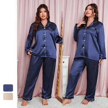 XL-5XL Grande Tamanho Mulheres Camisa de Manga Longa e Calças de Duas peças de Conjunto Primavera-Verão de Cetim Superior de Calças de Terno Casual Pijamas Homewear