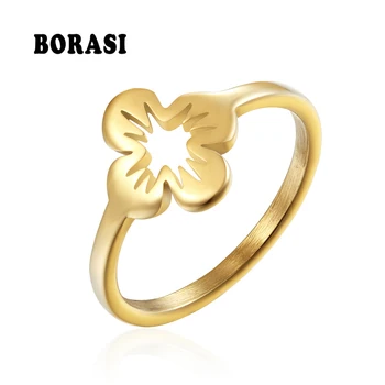 BORASI Nova Marca de Anel Popular Romântico Anel de Casamento Para as Mulheres de Aço Inoxidável Flores em Forma de Anel Cor de Ouro Jóias anéis