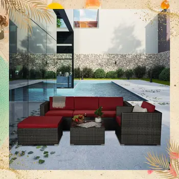 Exterior, Jardim, Mobiliário de 6 peças Cinza PE Rattan de Vime Seccionais Vermelho Suavizado Conjuntos de Sofá com 1 Bege Travesseiro