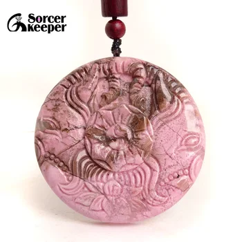 Clássico Natural Rhodonite Jasper Esculpida Amuleto Amuleto Pingente de Corda Cadeia Necklace Unisex Universal Jóia de Presente para os Homens BH957