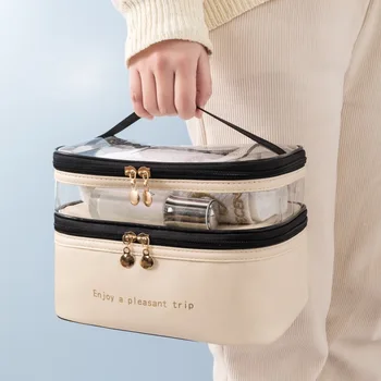 Cosmetic Bag Duplo-camada de Cor Sólida Transparente compõem Organizador de Bolsa Impermeável de Viagem Portátil de Grande Capacidade de Armazenamento em Sacos