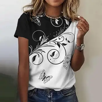 O verão das Mulheres T-Shirt 3d Floral Padrão Geométrico Y2k Tops Diário Casual T-Shirt da Moda Tee O Pescoço Curto Mangas DA Roupa das Mulheres