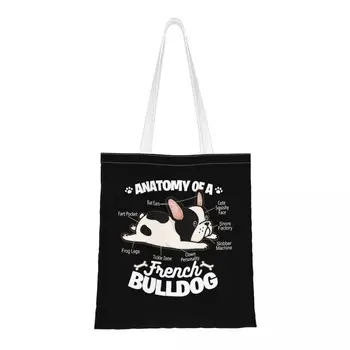 Engraçado Anatomia De Um Bulldog Francês De Compras Sacolas Reutilizáveis Frenchie Amante Do Cão Mantimentos Lona Ombro Shopper Bag